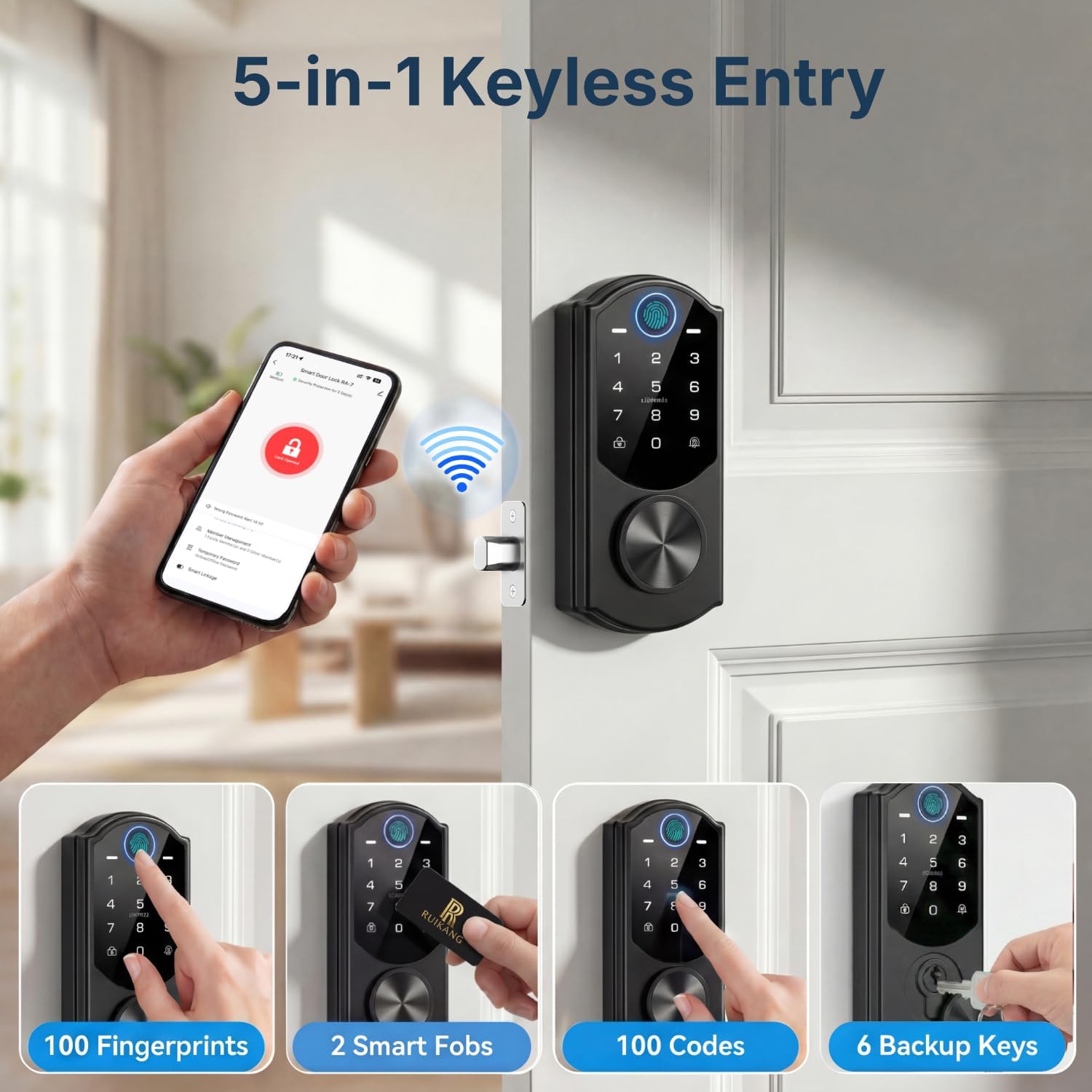 WiFi Fingerprint Smart Lock with Keyless Entry Deadbolt – Auto-Lock & App Remote for Front Door – RUIKANG RA-7