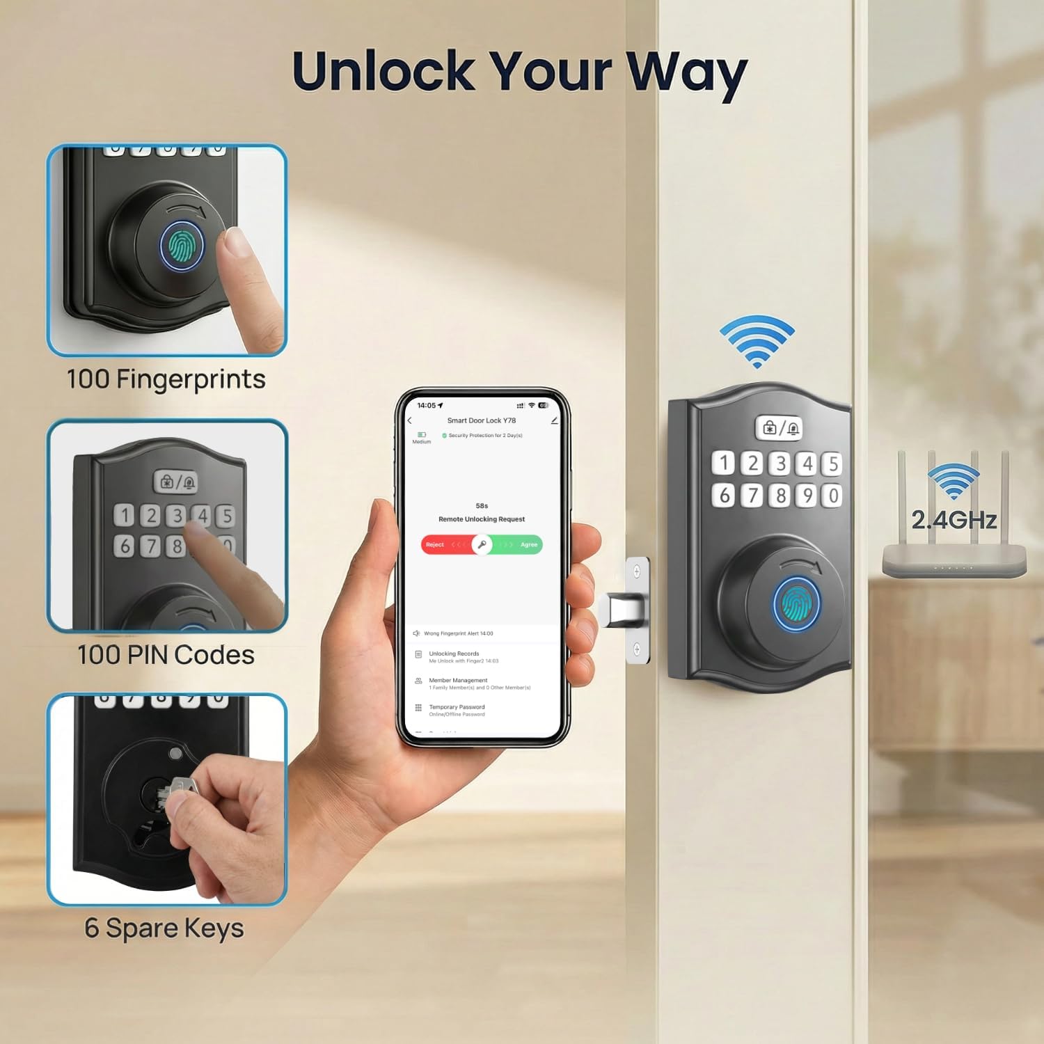 WiFi Fingerprint Keyless Entry Deadbolt with Auto-Lock & App Remote – RUIKANG Y78